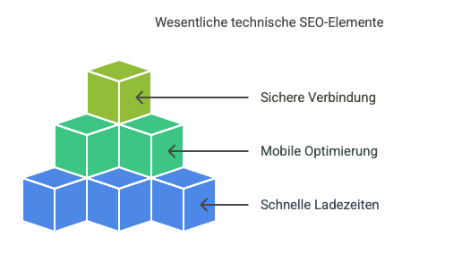 Dreidimensionales Würfelmodell mit drei Säulen: Sichere Verbindung (SSL), mobile Optimierung und schnelle Ladezeiten.